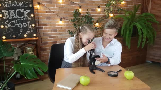 Schoolkinderen Een Jongen Een Meisje Bestuderen Een Microscoop Zittend Aan — Stockvideo
