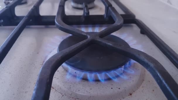 Brûler Gaz Avec Une Flamme Bleue Sur Brûleur Une Cuisinière — Video