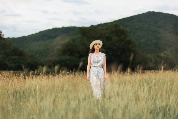 夏天的时间 一个身穿连衣裙 头戴草帽的年轻女子在田里散步 心理和孤独的概念 — 图库照片