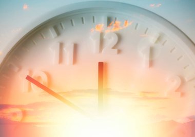 Beautiful cloudy sky and close up of clock. Bright sun. Double exposure. Concept of Daylight Savings Time. clipart