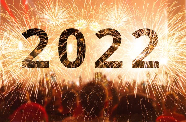 Ano Novo 2022 Uma Multidão Pessoas Olha Para Fogos Artifício — Fotografia de Stock