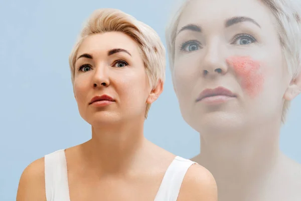 Portrait Adult Beautiful Woman Showing Results Beauty Treatment Double Exposure — Stock Photo, Image