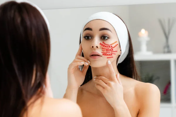 Portrait Young Beautiful Woman Looking Her Face Mirror Inscription Rosacea — Stock Photo, Image