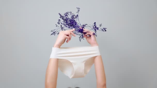 Female Hands Which Hold Dry Violet Plants Arms Wearing White — Stock Video