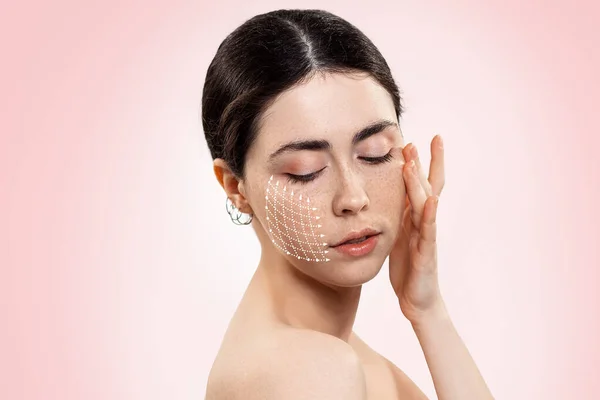 Portrait Young Beautiful Woman Mesh Thread Lifting Her Face Pink — Stock Photo, Image