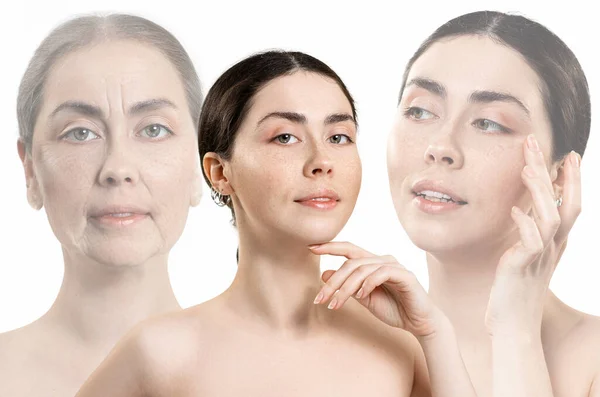若返りの段階を示す白人女性の3つの肖像画 白地だ 整形手術前後の結果の概念 — ストック写真