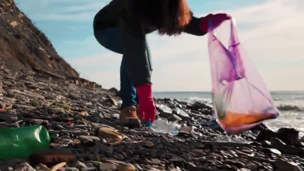 Earth Day Female Volunteer Put Plastic Dirty Bottles Garbage Bag — Stock Video