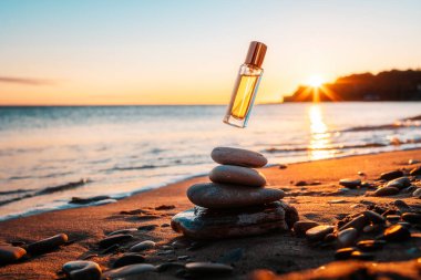 A golden transparent glass perfume bottle with a gold lid hovers over a pyramid of stones. Sandy beach and sunset in the background. Copy space. Perfume advertising concept.