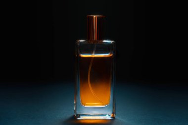 Close up of glass bottle of male perfume on dark background. Style perfumery template.