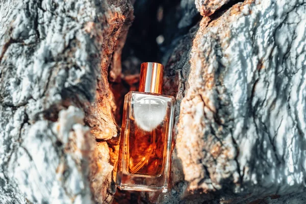 Glass Transparent Rectangular Bottle Golden Perfume Lying Crevice Gray Marble — Foto de Stock