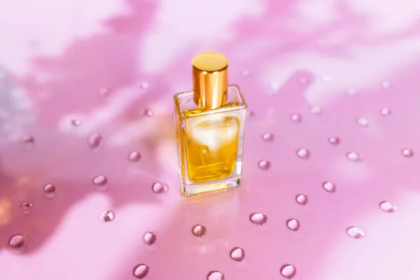 Transparent Rectangular Bottle Golden Perfume Pink Background Shadows Leaves Water — Zdjęcie stockowe