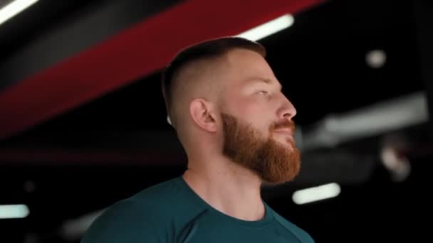 Portrait Handsome Young Bearded Man Jogging Treadmill Gym Concept Sports — Stock video