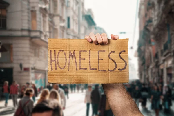 Man Hold Cardboard Sign Inscription Homeless Defocused Background Street People — Stock Fotó