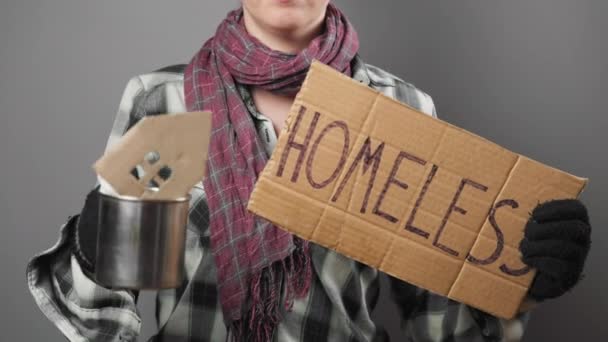 Homeless Woman Begging Holds Cardboard Sign Steel Cup Mini House — 图库视频影像