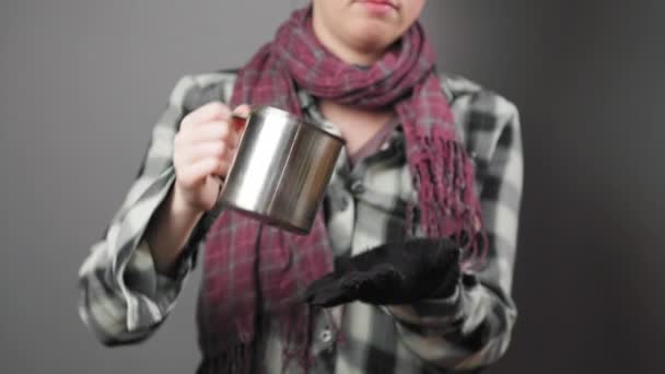 Homeless Woman Pours Coins Out Steel Cup Counts Them Sadness — Vídeos de Stock