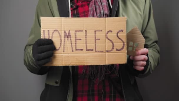 Man Holds Cardboard House His Hands Shows Close Sign Inscription — Stockvideo