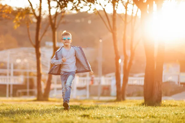 Caucasian Boy Glasses Walks Autumn Park Copy Space — Foto de Stock