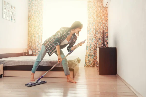 Concept Home Cleaning Young Housewife Washes Floors Has Fun Mop — Stock Fotó