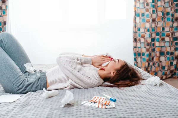 Concept Diseases Seasonal Colds Brunette Woman Lies Bed Blows Her — Fotografia de Stock