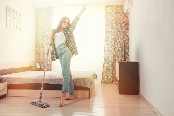 Concept Home Cleaning Young Housewife Washes Floors Dances Mop Background — Foto Stock