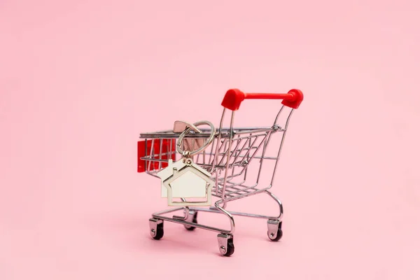 Leasing Key House Keychain Pushcart Pink Background Copy Space Concept — 图库照片