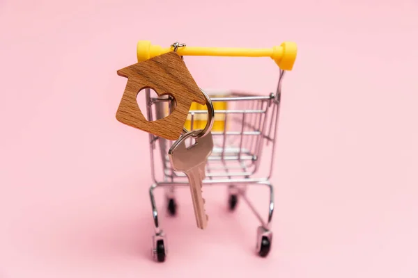 Close Key Keychain Mini Pushcart Pink Background Concept Leasing Mortgage — 图库照片