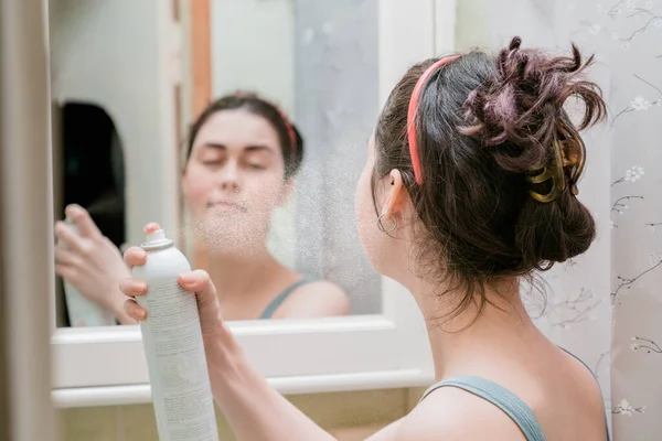 Young Girl Uses Thermal Spray Standing Front Mirror Bath — Stock Fotó