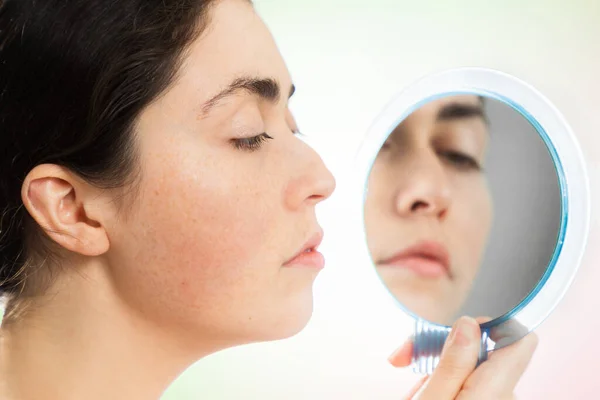 Aesthetic Medicine Profile Portrait Young Caucasian Woman Looking Her Humpback — Stock Photo, Image