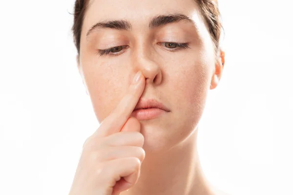 Plastic Nose Surgery Close Face Young Caucasian Woman Touching Her — Stockfoto