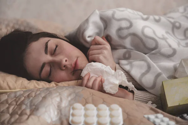 Flu Sick Young Girl Lying Bed Holding Handkerchief Background Drugs — Foto de Stock
