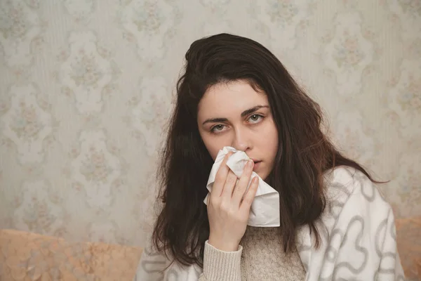 Sick Young Woman Uses Handkerchief Background White Wall — Fotografia de Stock