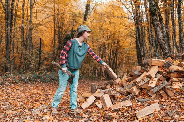 Preparation Heating Season Young Woman Axe Her Hands Throws Log — стоковое фото