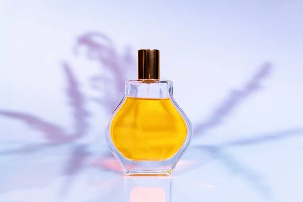 Transparent Rounded Bottle Perfume Lilac Background Sunlight Shadows Leaves Minimal — Zdjęcie stockowe
