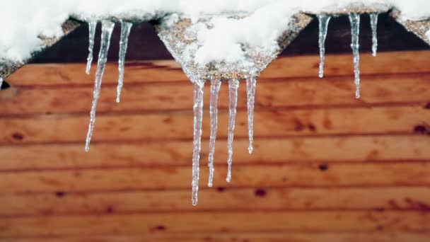 Close Bottom View Sharp Beautiful Icicles Hang Eaves Roof Which — Stock Video