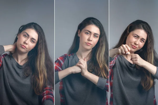 感情だ 不満そうな顔をした若い女性が積極的に攻撃性を示す一連の写真 コラージュ ティント — ストック写真