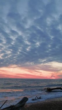 Sakin deniz sörfüyle sakin bir akşam manzarası. Pembe günbatımı. Dikey yönelim.