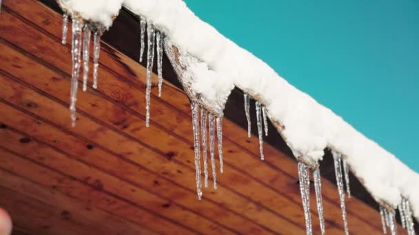 シャープ 美しいつららはゆっくりと解凍されている屋根の軒先からハングアップします 早春の氷の融解 — ストック動画