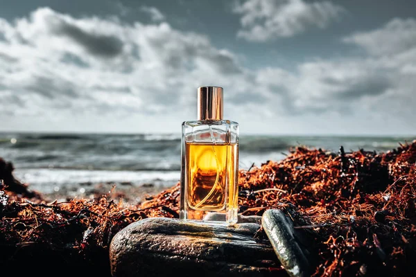 Una Botella Rectangular Vidrio Perfume Dorado Pie Sobre Una Piedra — Foto de Stock