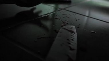 Kadının eli yere uzanmış telefona uzanıp polisi aramak için yaklaştı. Kamerayı büyük bıçaktan elime doğru hareket ettiriyorum. Siren yanıp sönüyor. Cinayet ve suç kavramı.