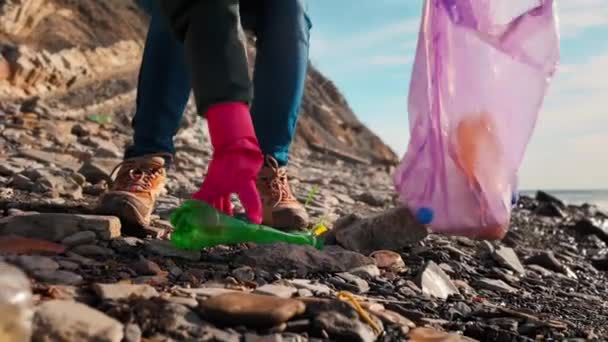 Volunteer Put Plastic Dirty Bottles Garbage Bag Low Angle View — Stock Video