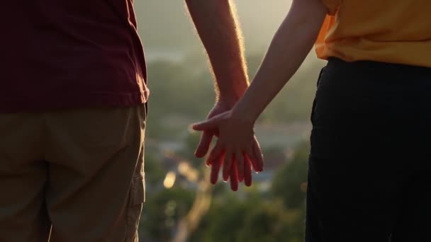 愛と浮気 男は女性の手を取り しっかりと握りしめ 指を交差させる 閉めろ バックビュー リアルタイムだ 恋愛の概念と恋に落ちる — ストック動画