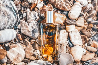 Erkekler güzel kokar. Nehir çakıl taşları kıyısında duran dikdörtgen cam parfüm şişesi. Düz yatıyordu. Parfüm ve tuvalet suyu kavramı.