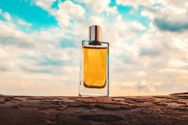 Frasco Perfume Transparente Dorado Con Gotas Tronco Primer Plano Fondo — Foto de Stock