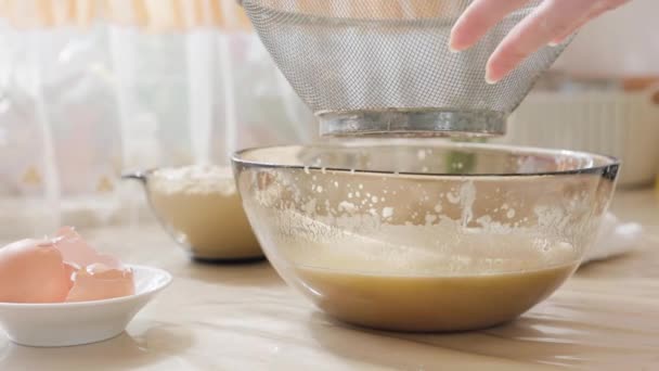 Close Female Hands Sift Flour Glass Bowl Dough Table Next — Stock Video