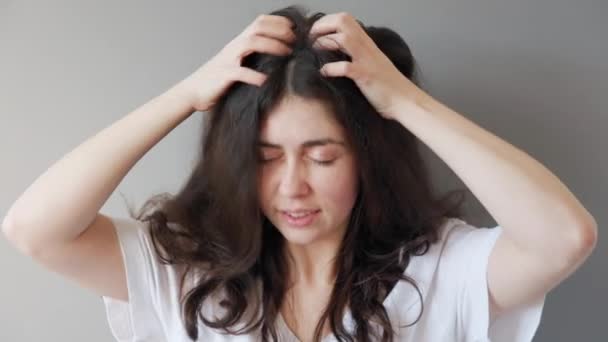 Potret seorang wanita muda Kaukasia, sangat menggaruk kepalanya dengan rambut kusut gelap. Latar belakang abu abu. Konsep ketombe dan kulit kepala gatal. — Stok Video