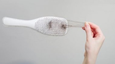 Bir kadının eli düşmüş saçlarını çekerek tarak tutar. Gri arkaplan, dikey yönelim. Saç dökülmesi ve saç dökülmesi kavramı..