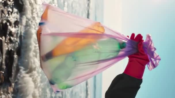 Ecology Volunteer Rubber Gloves Holds Garbage Bag Plastic Bottles Removes — Stock Video