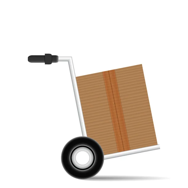 Camion a mano con una scatola di cartone su sfondo bianco — Vettoriale Stock