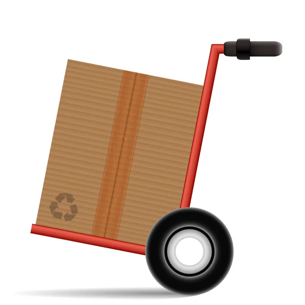 Hand vrachtwagen met een kartonnen doos op witte achtergrond — Stockvector
