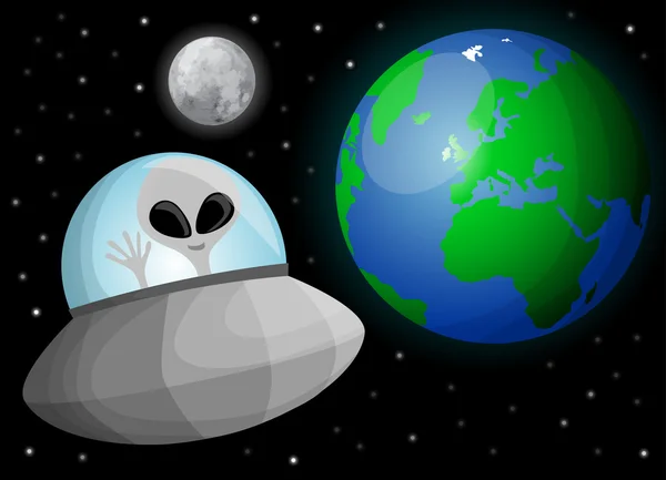 Cute cartoon alien in space — Stock Vector